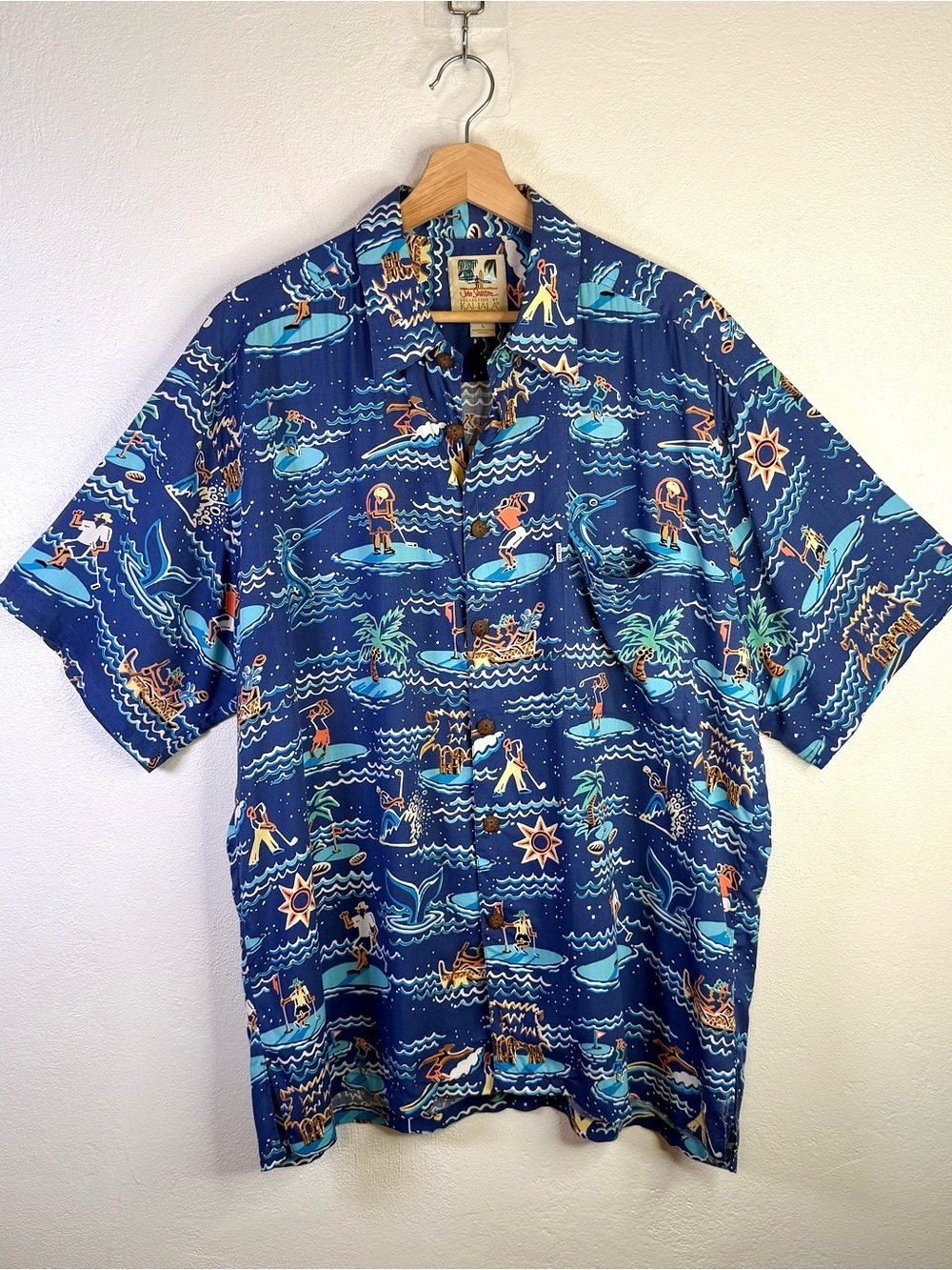 Vintage 90s Kahala John Severson Hawaiian Shirt Blue Golf Fishing Aloha Mens Lrg
